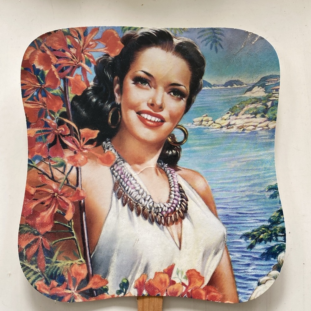 Buffalo Exchange Vintage Hawaii Pin Up Girl Promotional Paper Hand Fan Ephemera